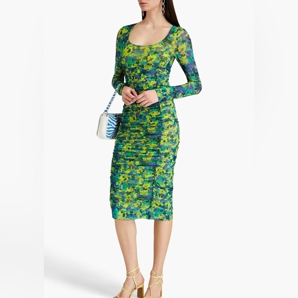 GANNI Ruched floral printed Green 12 stretch-mesh midi dress